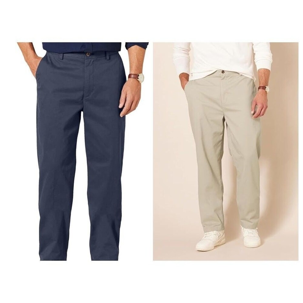 Lot of 2 Amazon Essentials Mens Chino Pants 34x32 Flat Front Navy Khaki NEW